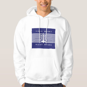 Huvan Nautical Anchor Design Navy Blue White Rand Hoodie