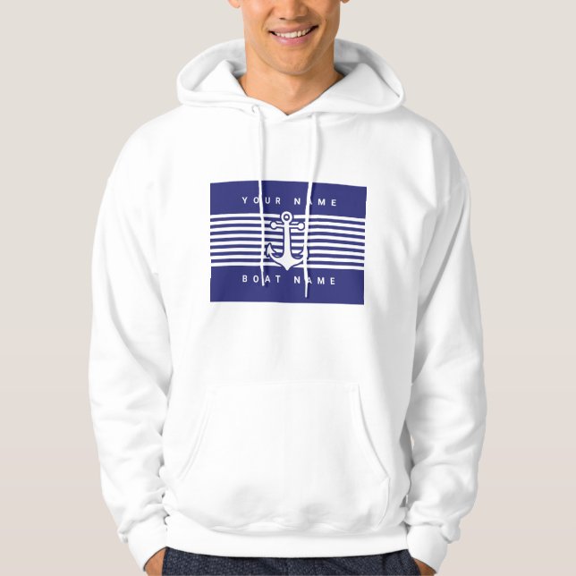 Huvan Nautical Anchor Design Navy Blue White Rand Hoodie (Framsida)