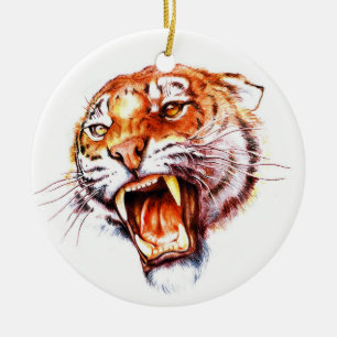 Huvud för tiger för kallt tecknadtatueringsymbol julgransprydnad keramik
