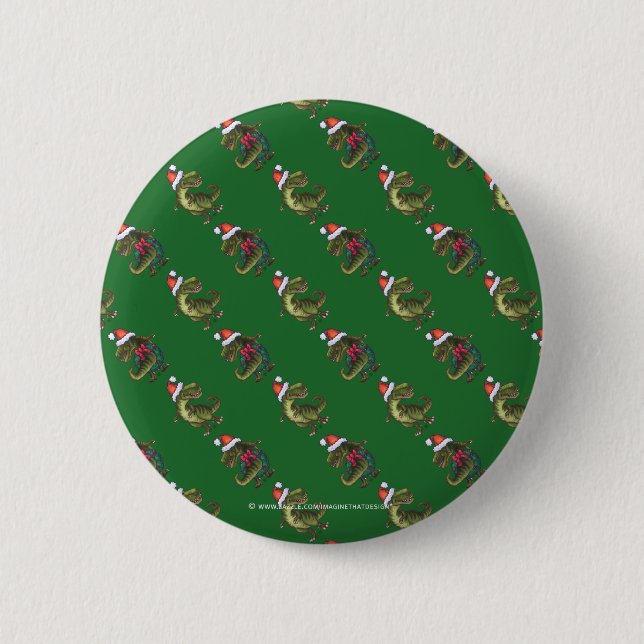 Huvuden och Svan Festive TRex Grönt Mönster Knapp (Framsida)