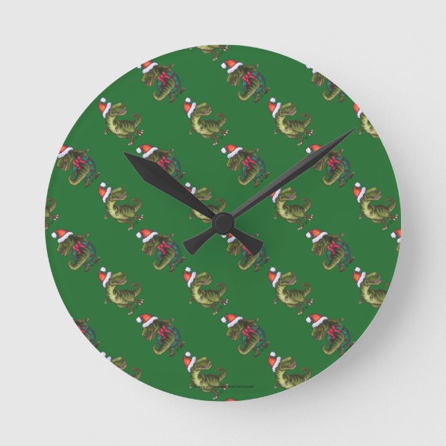Huvuden och Svan Festive TRex Grönt Mönster Rund Klocka (Framsida)