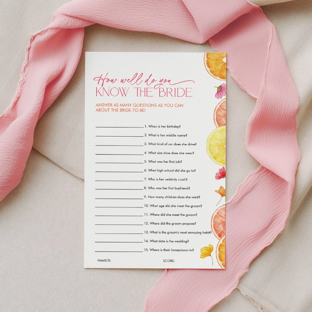 Huvudkläm Bröllopsduschspel Känn Bruden (How well do you know the Bride? Main Squeeze Citrus Bridal Shower Game)
