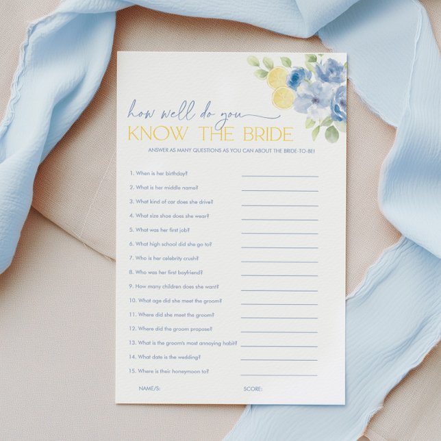 Huvudkläm Bröllopsfestspel Känn Bruden (How well do you know the bride? Blue floral lemon Bridal Shower Game)