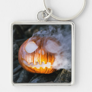 Huvudlösa ryttarens Jack-o-lantern-huvud fattar el Fyrkantig Silverfärgad Nyckelring