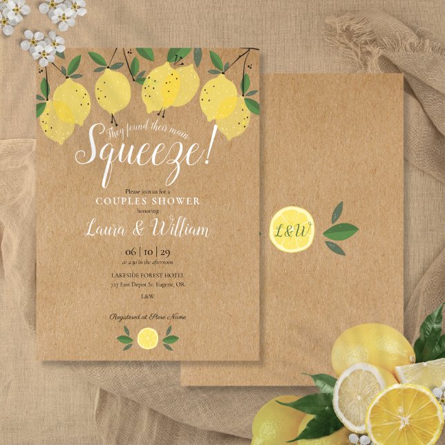 Huvudpress Lemoner Rustik Kraft Par Bröllopsdusch Inbjudningar (Main Squeeze Lemons Rustic Kraft Couples Shower Invitation)