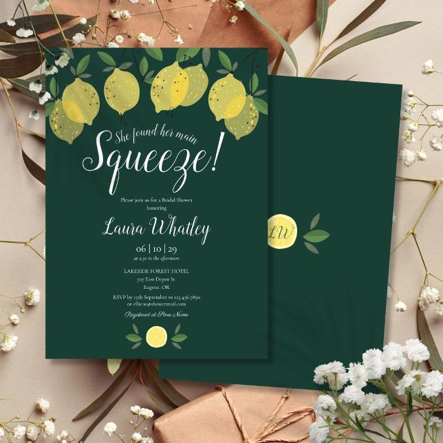 Huvudsaklig citron smaragdgrön bröllopsdusch inbjudningar (Main Squeeze Lemon Emerald Green Bridal Shower Invitation)