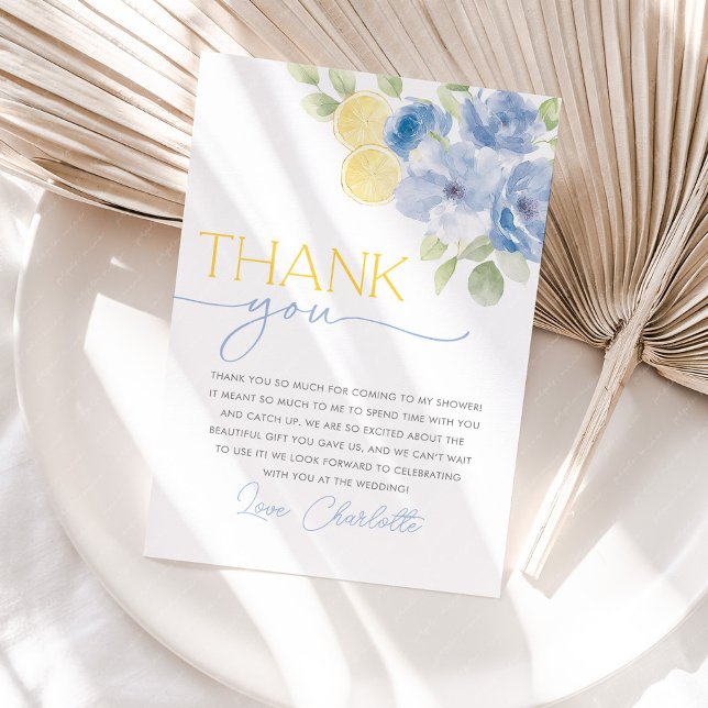 Huvudsaklig Citrus Blommig Bröllopsfest Tack Kort (She found her main squeeze! Bridal Shower Thank You Cards in Blue floral citrus lemon design)