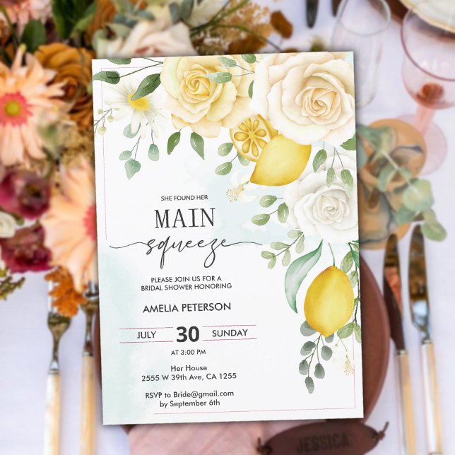 Huvudsaklig doft av Citrus Lemon Bridal Shower Inbjudningar (Main Squeeze Citrus Lemon Bridal Shower Invitation)