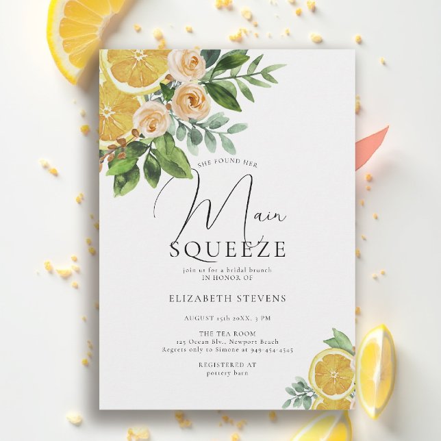 Huvudsaklig Möhippa för bränd Orange vattenfärg Inbjudningar (main squeeze bridal shower lemon italian theme floral watercolor invitation summer brunch)