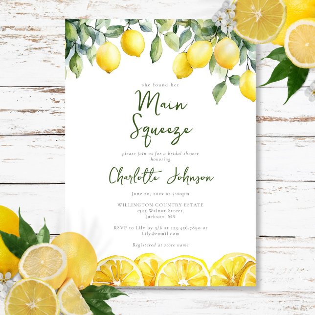 Huvudsaklig Möhippa för Lemon med modern vattenfär Inbjudningar (Main Squeeze Modern Watercolor Lemon Bridal Shower Invitation)