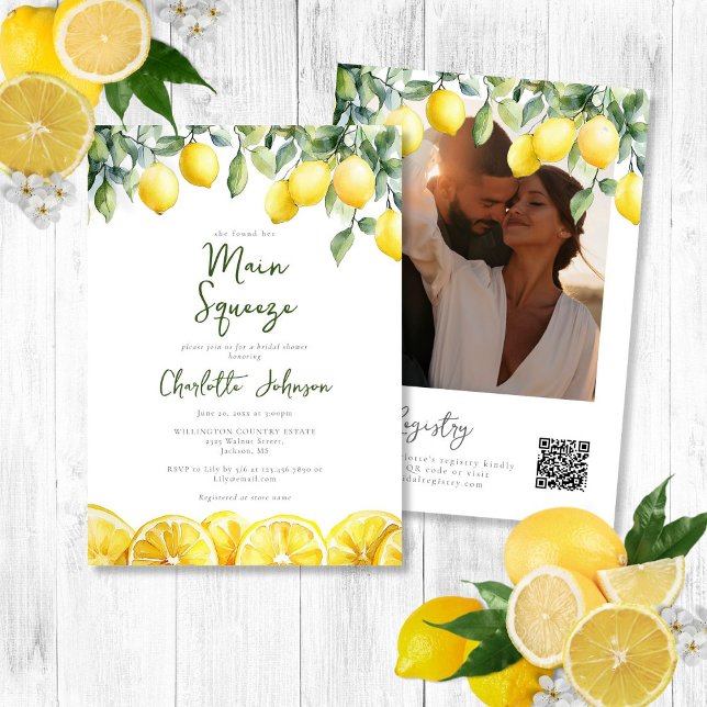 Huvudsaklig vattenfärgsfoto QR-Möhippa Inbjudningar (Main Squeeze Watercolor Photo QR Bridal Shower Invitation)