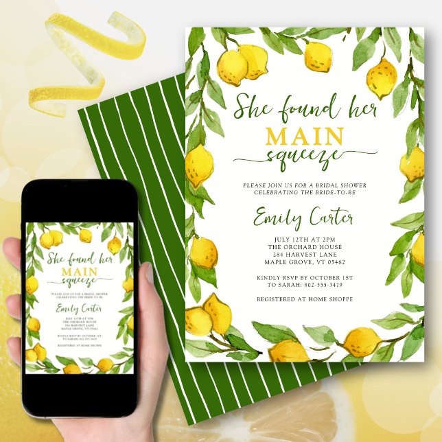 Huvudsqueeze Citronkrans Akvarell Sommarbrud Inbjudningar (The “main squeeze” theme adds a playful yet elegant touch to a summer bridal shower.)