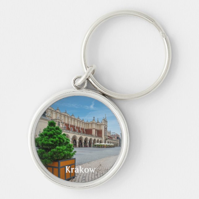 Huvudtorget i den gamla staden Krakow i Polen Rund Silverfärgad Nyckelring (Framsidan)