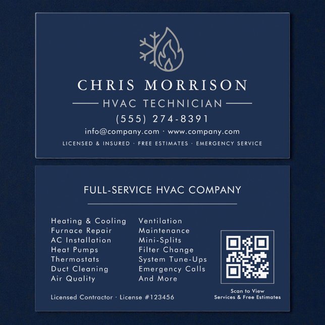 HVAC Navy Blue Silver QR Code Visitkort (Skapare uppladdad)