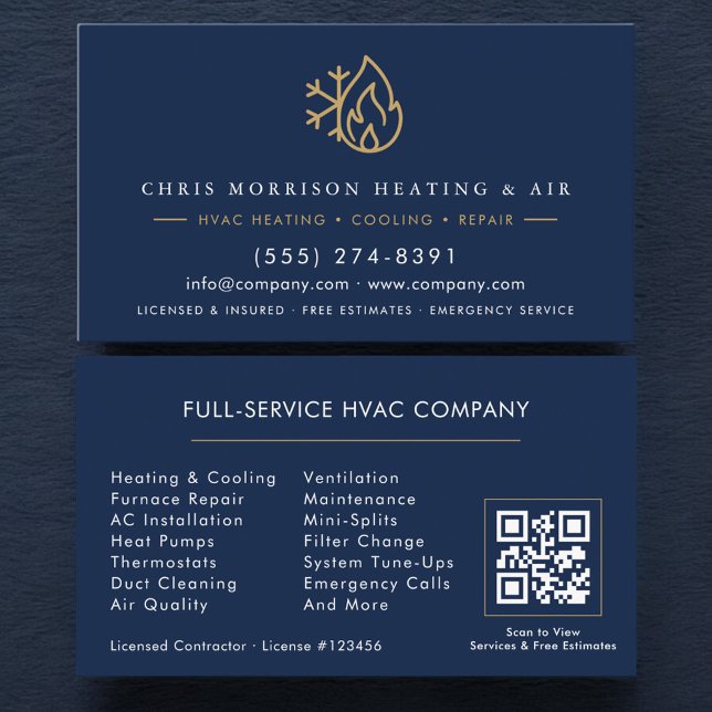HVAC Services Company Navy Blue Gold QR Code Visitkort (Skapare uppladdad)