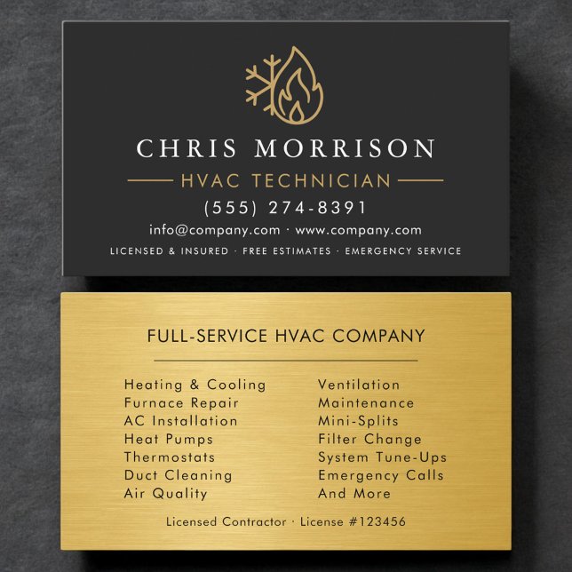 HVAC Technician Black Gold Logo Metallic Visitkort (Skapare uppladdad)