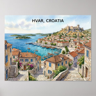 Hvar Kroatien Akvarell Panorama Utsikt Resa Poster