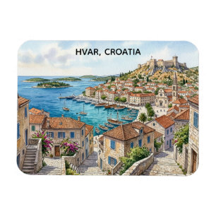 Hvar Kroatien Akvarell Panorama Vy Resa Magnet