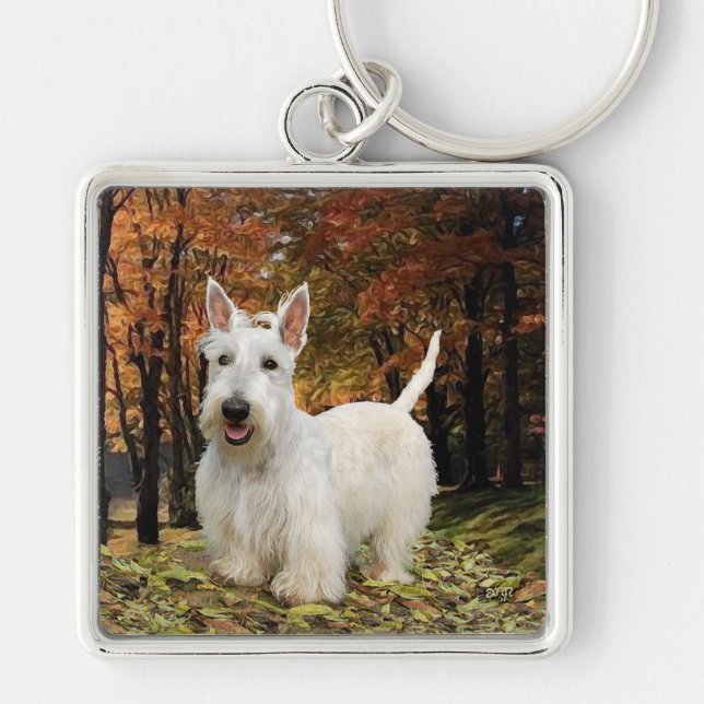Hvetefärgad skotsk terrier höst fyrkantig silverfärgad nyckelring (Framsidan)