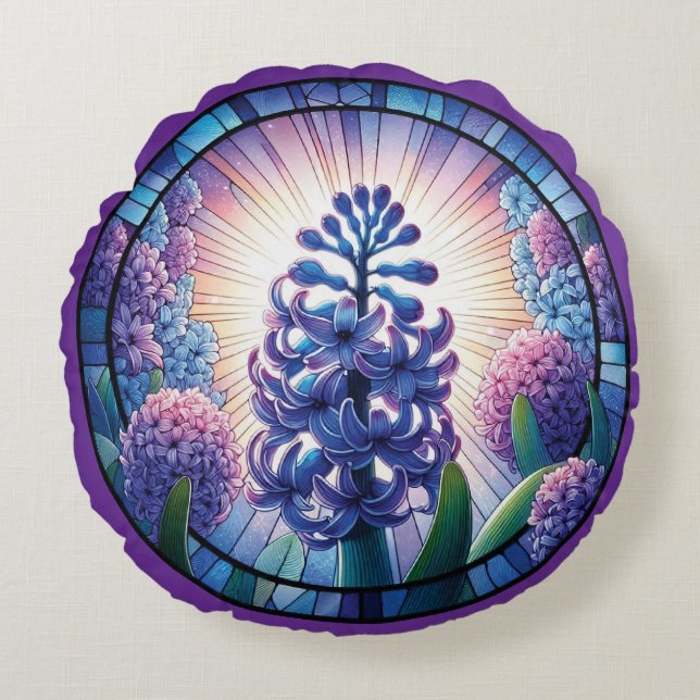 Hyacint-konst för fastnat glas rund kudde (Framsidan)