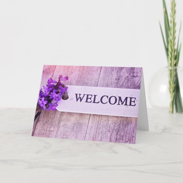 Hyacinth Lila Wood Sign Vår Blommigt Välkommen Kort (Framsida)