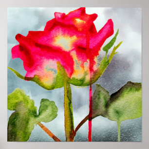 Hybrid Tea Ro popart vattenfärg modern blomma Poster