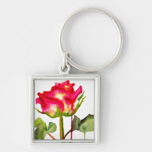 Hybrid Tea Ros vattenfärg modern blomsterkonst Fyrkantig Silverfärgad Nyckelring