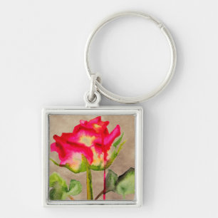 Hybrid Tea Ros vattenfärg modern blomsterkonst Fyrkantig Silverfärgad Nyckelring