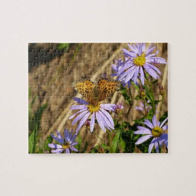 Hydaspe Fritillary on Lila Aster Flowers Pussel (Horisontell)