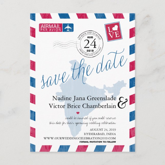 Hyderabad, India Airmail Bröllop spara datum Meddelande Vykort (Framsida)