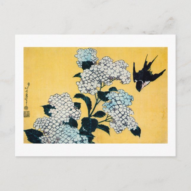 Hydrangea and Svälj, Hokusai, Ukiyo-e Vykort (Framsida)