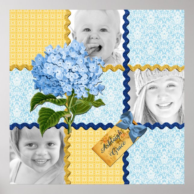 Hydrangea Anpassningsbar Photo Quilt Ram Blue Gult Poster (Framsidan)