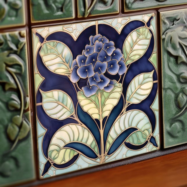 Hydrangea Art Deco Blommigt Wall Decor Art nouveau Kakelplatta (Skapare uppladdad)
