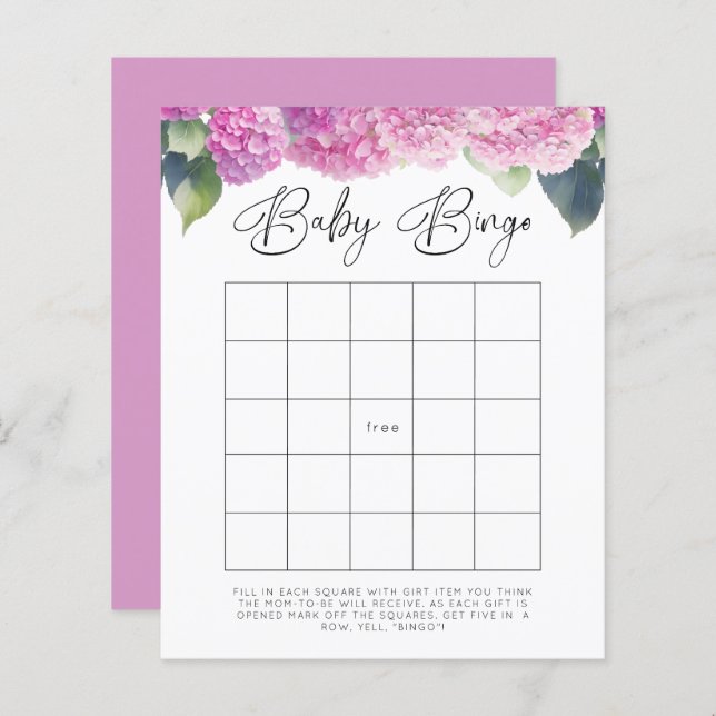 Hydrangea Baby Shower Baby Bingo Games (Fram/baksida)