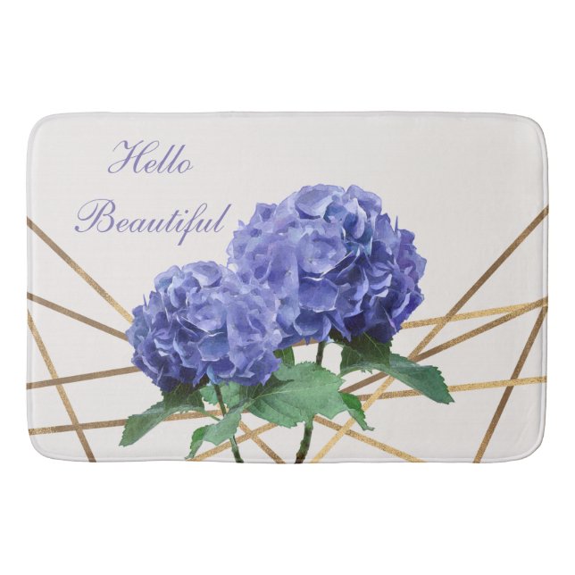 Hydrangea Blå Blommor & Guld Blommig Chic Vår Badrumsmatta (Framsidan)