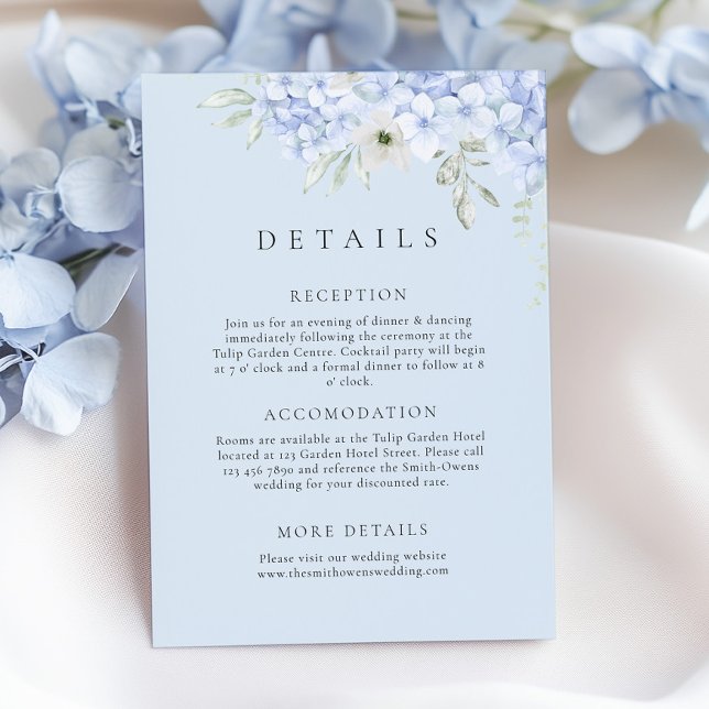Hydrangea Blå Bröllopsdetaljer Inneslutande Kort (Skapare uppladdad)
