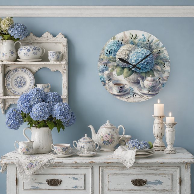 Hydrangea Blå Farmhouse Blommig Tea-Set Dekoration Stor Klocka (Skapare uppladdad)