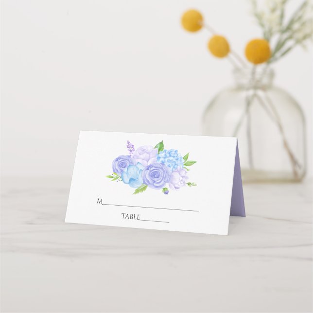 Hydrangea Blå och Ljust Lavendel Bröllop Placeringskort (Framsida)