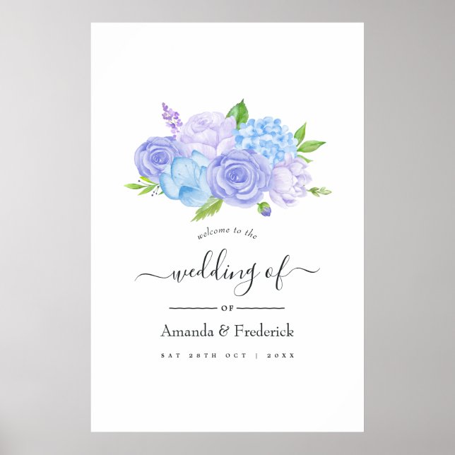 Hydrangea Blå och Ljust Lavendel Bröllop Välkommen Poster (Framsidan)