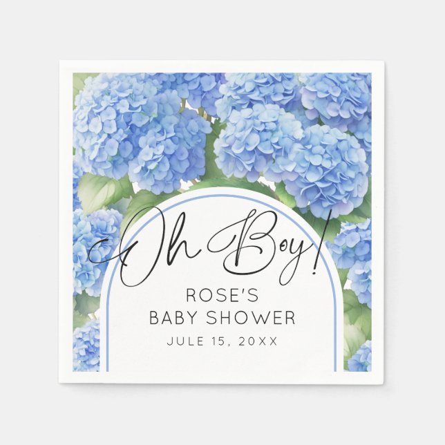 Hydrangea Blåa blommor Oh Boy Baby Shower Pappersservett (Framsidan)