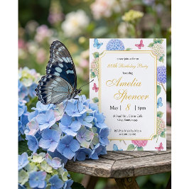 Hydrangea Blommig Akvarell Fjäril Födelsedag Inbjudningar