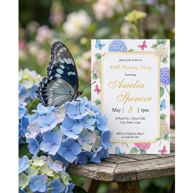 Hydrangea Blommig Akvarell Fjäril Födelsedag Inbjudningar (Skapare uppladdad)