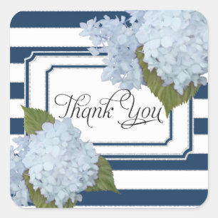 Hydrangea Blommigt Nautical Navy Blue White Stripe Fyrkantigt Klistermärke