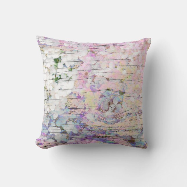 Hydrangea Blommigt Rosa Land Vintage Wood Kudde (Framsida)