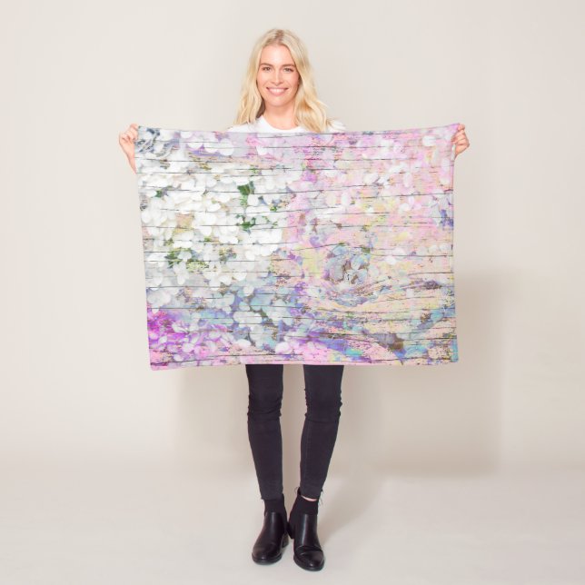 Hydrangea Blommigt Rosa Vintage Land Wood Fleecefilt (På plats)