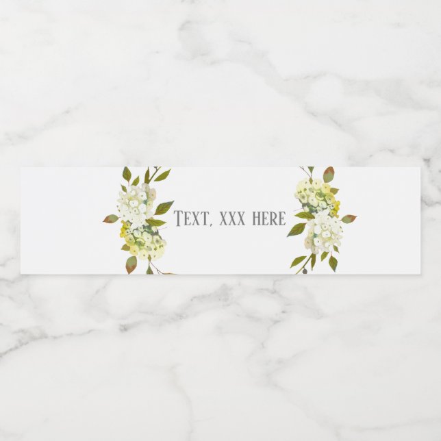 Hydrangea-blommigt, vita blommor vattenflaskor etikett (Singel etikett)