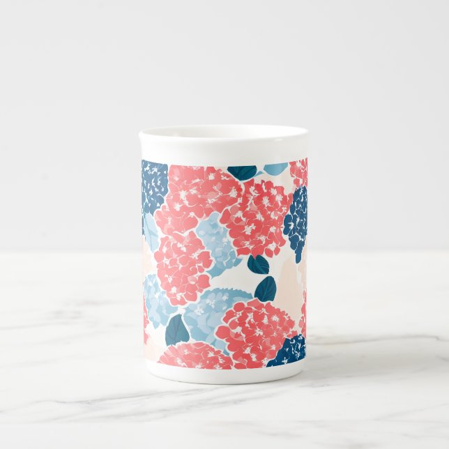 Hydrangea Blommönster Korallblå Marinblå Benporslin Mugg (Framsidan)