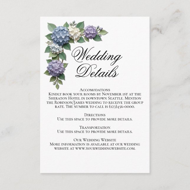 Hydrangea Blommor Bröllopsdetaljkort Tilläggskort (Framsida)