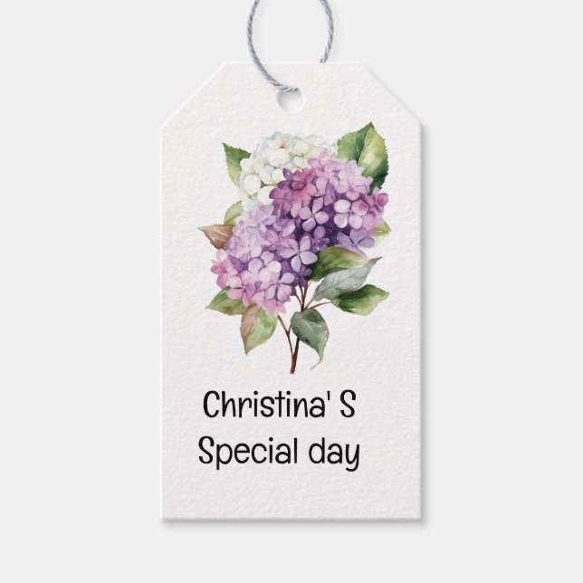 Hydrangea blommor flora florist älskare vattenfärg presentetikett (Framsidan)