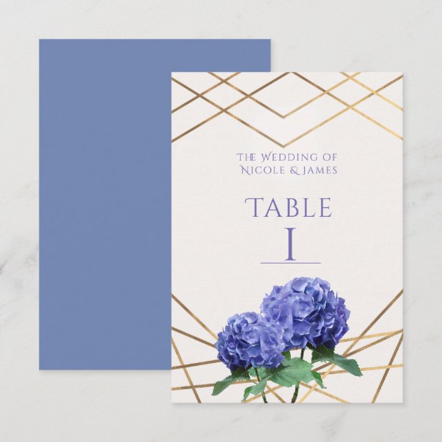 Hydrangea Blommor & Guld Bröllops Bord Nummer Kort (Fram/baksida)